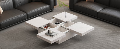Table Basse Carrée Blanche Effet Marbre avec 4 Tiroirs Coulissants et Rangement Intégré KHEKREID