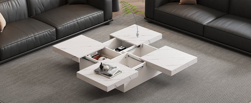 Table Basse Carrée Blanche Effet Marbre avec 4 Tiroirs Coulissants et Rangement Intégré KHEKREID