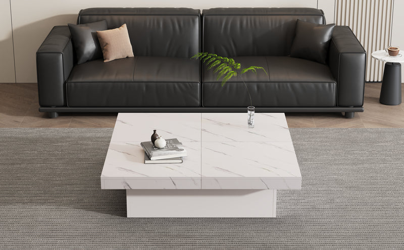 Table Basse Carrée Blanche Effet Marbre avec 4 Tiroirs Coulissants et Rangement Intégré KHEKREID