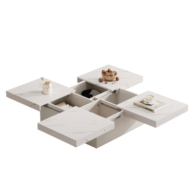 Table Basse Carrée Blanche Effet Marbre avec 4 Tiroirs Coulissants et Rangement Intégré KHEKREID