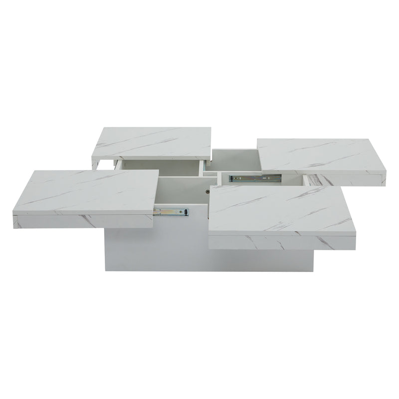Table Basse Carrée Blanche Effet Marbre avec 4 Tiroirs Coulissants et Rangement Intégré KHEKREID