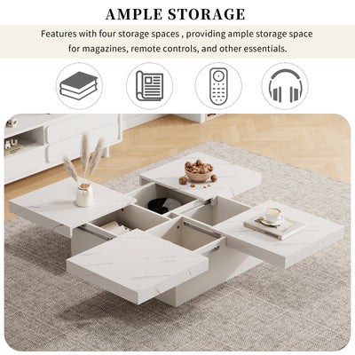 Table Basse Carrée Blanche Effet Marbre avec 4 Tiroirs Coulissants et Rangement Intégré KHEKREID