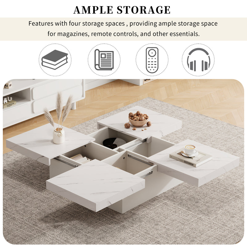 Table Basse Carrée Blanche Effet Marbre avec 4 Tiroirs Coulissants et Rangement Intégré KHEKREID