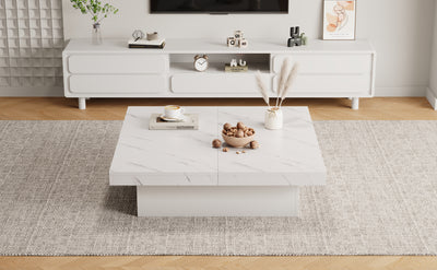 Table Basse Carrée Blanche Effet Marbre avec 4 Tiroirs Coulissants et Rangement Intégré KHEKREID