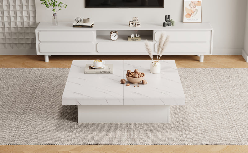 Table Basse Carrée Blanche Effet Marbre avec 4 Tiroirs Coulissants et Rangement Intégré KHEKREID