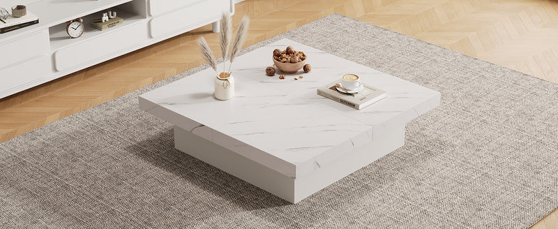 Table Basse Carrée Blanche Effet Marbre avec 4 Tiroirs Coulissants et Rangement Intégré KHEKREID