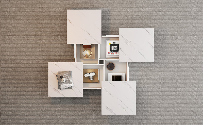 Table Basse Carrée Blanche Effet Marbre avec 4 Tiroirs Coulissants et Rangement Intégré KHEKREID