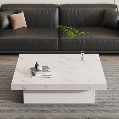 Table Basse Carrée Blanche Effet Marbre avec 4 Tiroirs Coulissants et Rangement Intégré KHEKREID