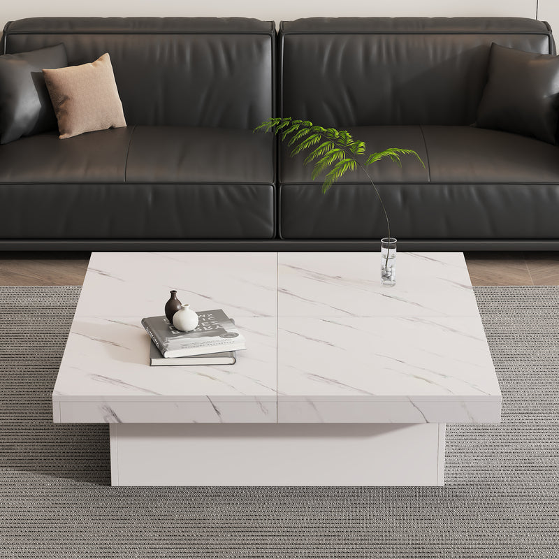 Table Basse Carrée Blanche Effet Marbre avec 4 Tiroirs Coulissants et Rangement Intégré KHEKREID
