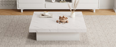 Table Basse Carrée Blanche Effet Marbre avec 4 Tiroirs Coulissants et Rangement Intégré KHEKREID
