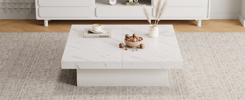 Table Basse Carrée Blanche Effet Marbre avec 4 Tiroirs Coulissants et Rangement Intégré KHEKREID