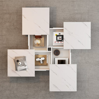 Table Basse Carrée Blanche Effet Marbre avec 4 Tiroirs Coulissants et Rangement Intégré KHEKREID