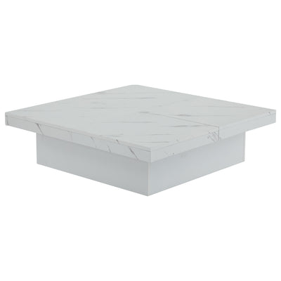 Table Basse Carrée Blanche Effet Marbre avec 4 Tiroirs Coulissants et Rangement Intégré KHEKREID