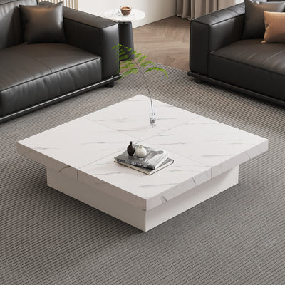 Table Basse Carrée Blanche Effet Marbre avec 4 Tiroirs Coulissants et Rangement Intégré KHEKREID