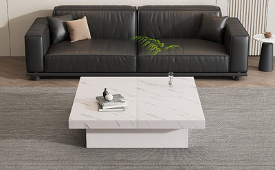Table Basse Carrée Blanche Effet Marbre avec 4 Tiroirs Coulissants et Rangement Intégré KHEKREID