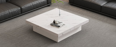Table Basse Carrée Blanche Effet Marbre avec 4 Tiroirs Coulissants et Rangement Intégré KHEKREID
