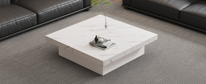 Table Basse Carrée Blanche Effet Marbre avec 4 Tiroirs Coulissants et Rangement Intégré KHEKREID