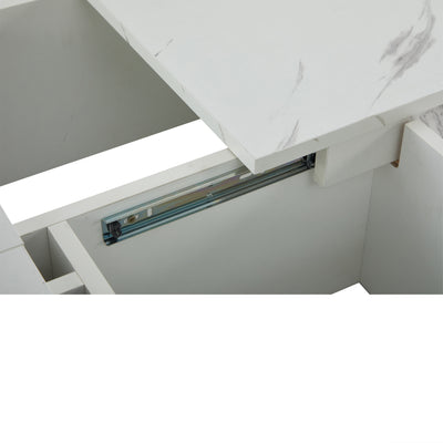 Table Basse Carrée Blanche Effet Marbre avec 4 Tiroirs Coulissants et Rangement Intégré KHEKREID