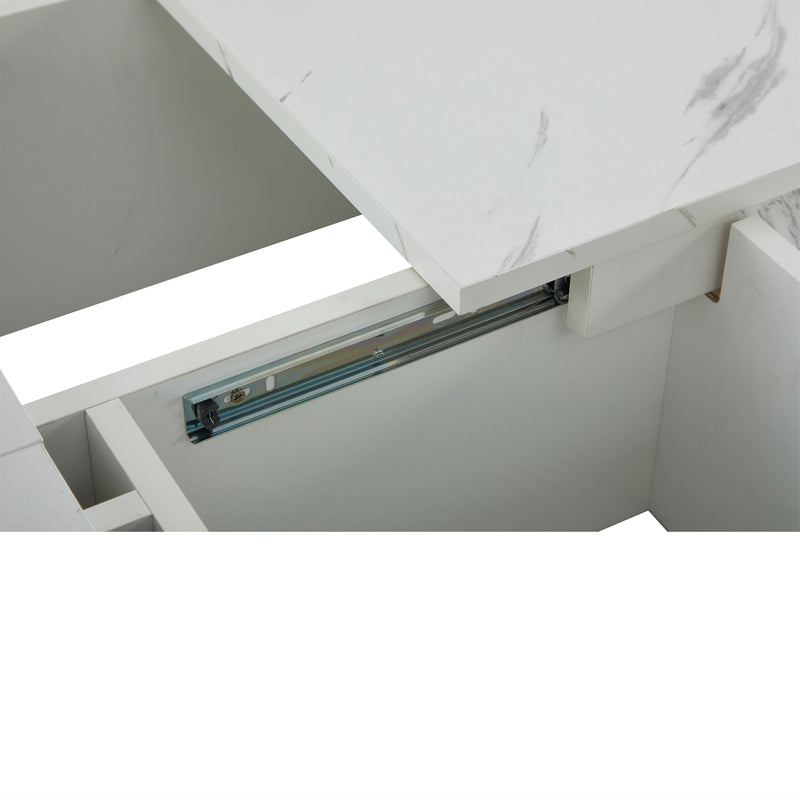 Table Basse Carrée Blanche Effet Marbre avec 4 Tiroirs Coulissants et Rangement Intégré KHEKREID