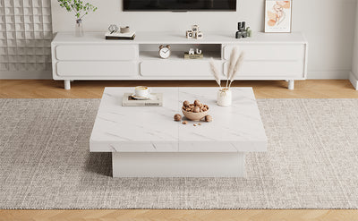 Table Basse Carrée Blanche Effet Marbre avec 4 Tiroirs Coulissants et Rangement Intégré KHEKREID