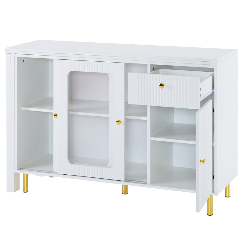 Buffet Extensible Multifonctionnel Blanc avec Plateau Rotatif, Portes Coulissantes en Verre et Pieds Dorés KHUKAET