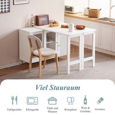 Buffet Extensible Multifonctionnel Blanc avec Plateau Rotatif, Portes Coulissantes en Verre et Pieds Dorés KHUKAET