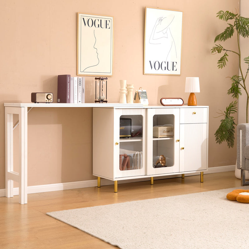 Buffet Extensible Multifonctionnel Blanc avec Plateau Rotatif, Portes Coulissantes en Verre et Pieds Dorés KHUKAET