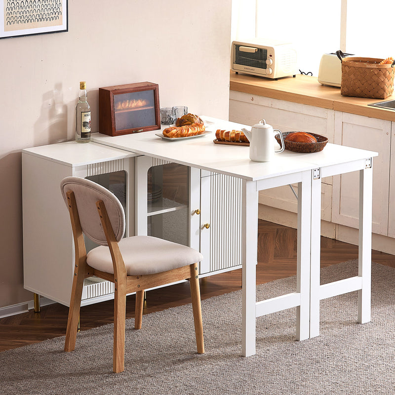 Buffet Extensible Multifonctionnel Blanc avec Plateau Rotatif, Portes Coulissantes en Verre et Pieds Dorés KHUKAET