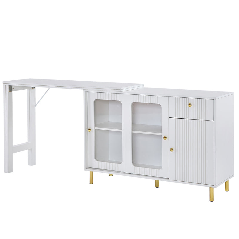 Buffet Extensible Multifonctionnel Blanc avec Plateau Rotatif, Portes Coulissantes en Verre et Pieds Dorés KHUKAET