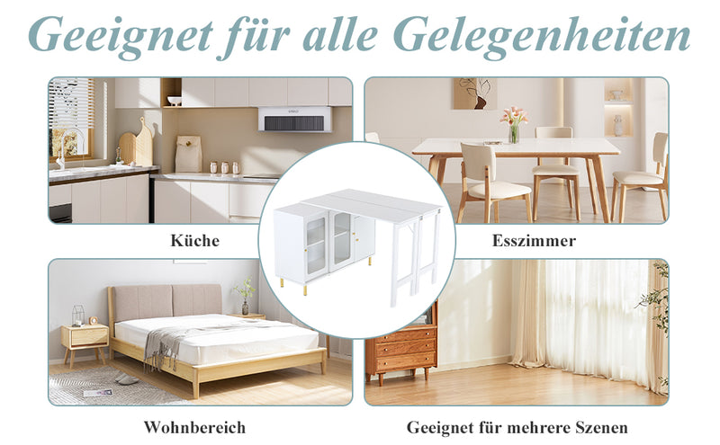 Buffet Extensible Multifonctionnel Blanc avec Plateau Rotatif, Portes Coulissantes en Verre et Pieds Dorés KHUKAET