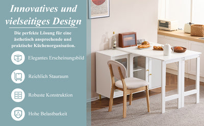 Buffet Extensible Multifonctionnel Blanc avec Plateau Rotatif, Portes Coulissantes en Verre et Pieds Dorés KHUKAET