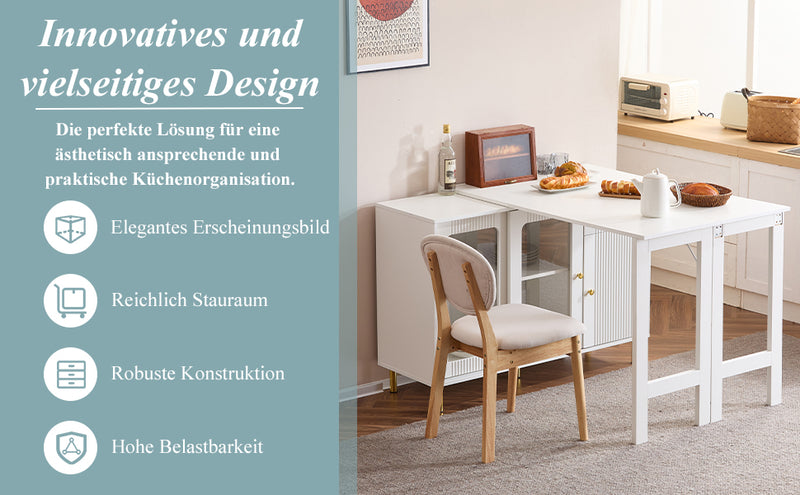 Buffet Extensible Multifonctionnel Blanc avec Plateau Rotatif, Portes Coulissantes en Verre et Pieds Dorés KHUKAET