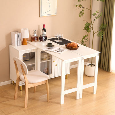 Buffet Extensible Multifonctionnel Blanc avec Plateau Rotatif, Portes Coulissantes en Verre et Pieds Dorés KHUKAET