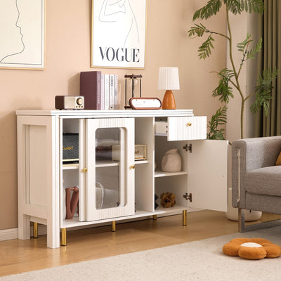 Buffet Extensible Multifonctionnel Blanc avec Plateau Rotatif, Portes Coulissantes en Verre et Pieds Dorés KHUKAET