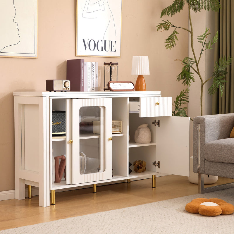 Buffet Extensible Multifonctionnel Blanc avec Plateau Rotatif, Portes Coulissantes en Verre et Pieds Dorés KHUKAET