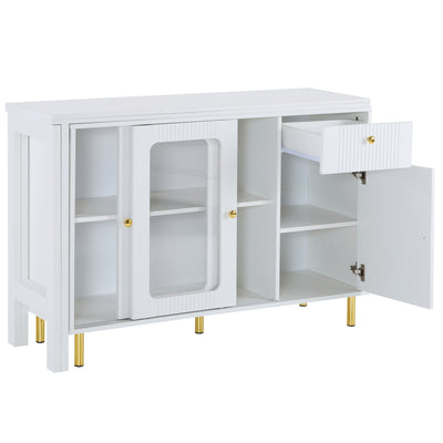 Buffet Extensible Multifonctionnel Blanc avec Plateau Rotatif, Portes Coulissantes en Verre et Pieds Dorés KHUKAET