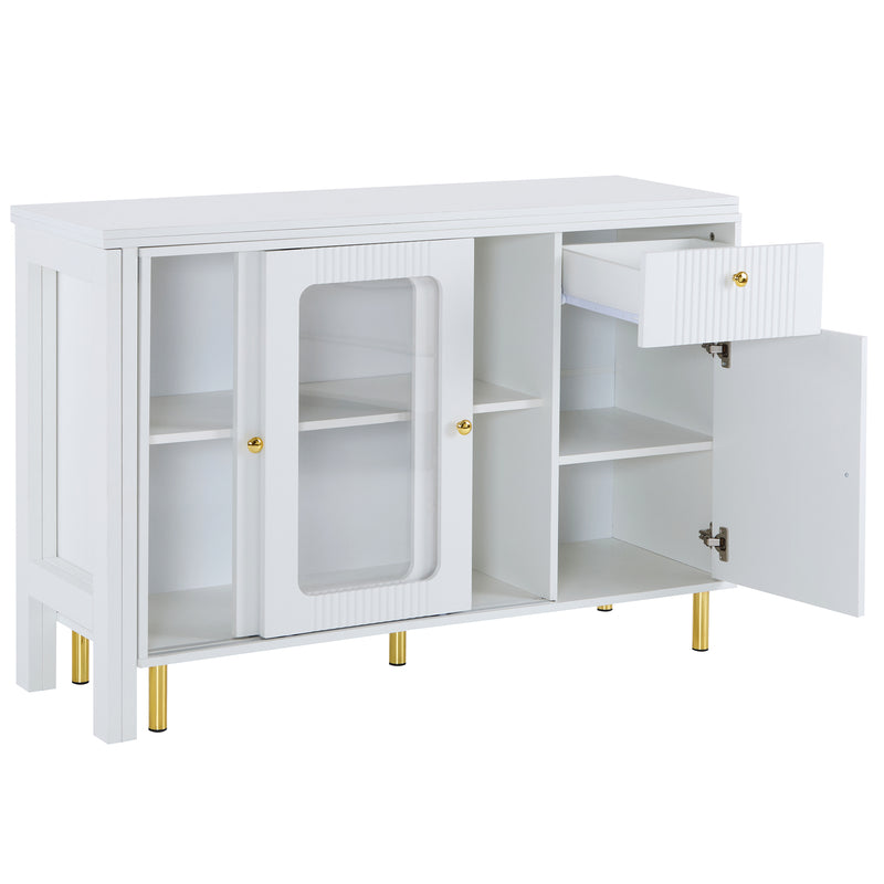 Buffet Extensible Multifonctionnel Blanc avec Plateau Rotatif, Portes Coulissantes en Verre et Pieds Dorés KHUKAET
