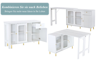 Buffet Extensible Multifonctionnel Blanc avec Plateau Rotatif, Portes Coulissantes en Verre et Pieds Dorés KHUKAET