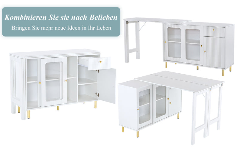 Buffet Extensible Multifonctionnel Blanc avec Plateau Rotatif, Portes Coulissantes en Verre et Pieds Dorés KHUKAET