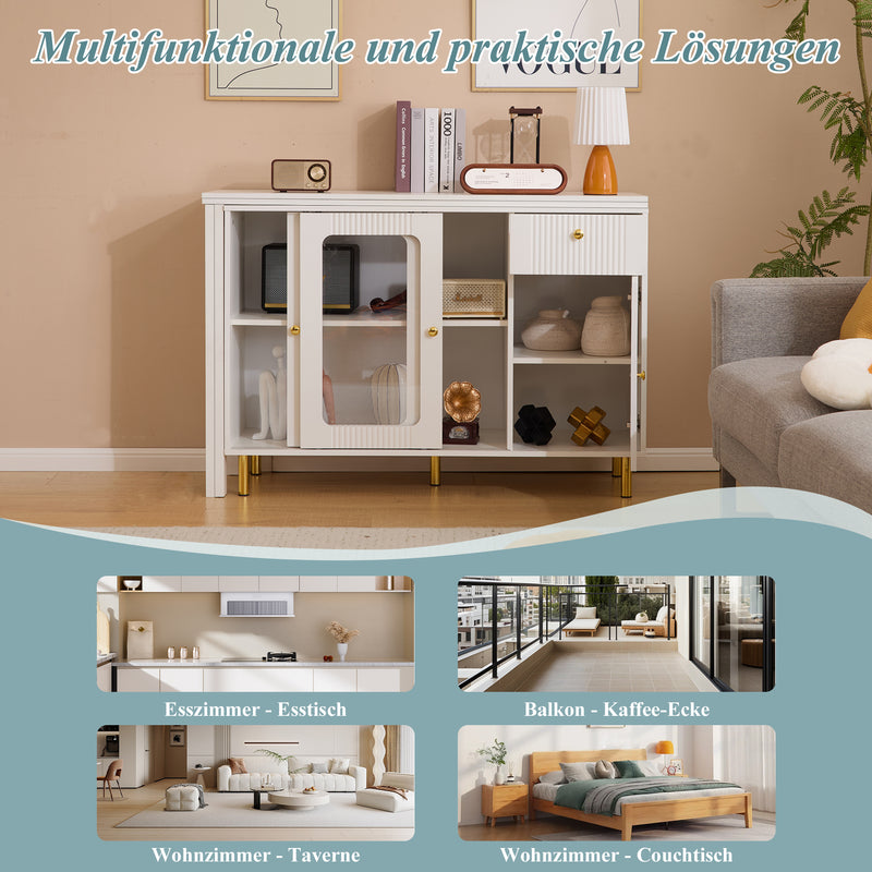Buffet Extensible Multifonctionnel Blanc avec Plateau Rotatif, Portes Coulissantes en Verre et Pieds Dorés KHUKAET