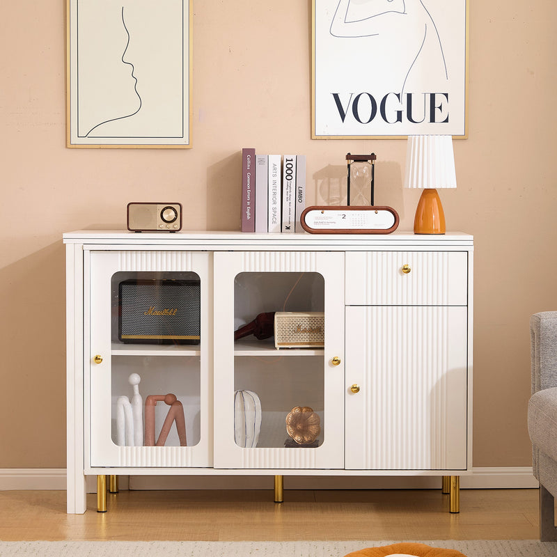 Buffet Extensible Multifonctionnel Blanc avec Plateau Rotatif, Portes Coulissantes en Verre et Pieds Dorés KHUKAET