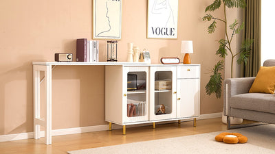 Buffet Extensible Multifonctionnel Blanc avec Plateau Rotatif, Portes Coulissantes en Verre et Pieds Dorés KHUKAET