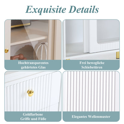 Buffet Extensible Multifonctionnel Blanc avec Plateau Rotatif, Portes Coulissantes en Verre et Pieds Dorés KHUKAET