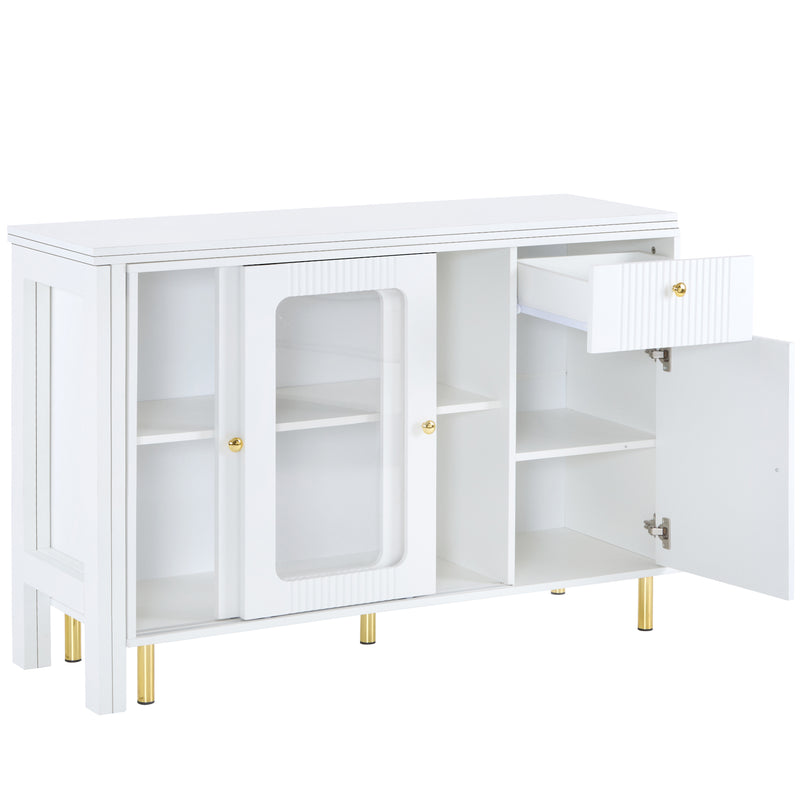 Buffet Extensible Multifonctionnel Blanc avec Plateau Rotatif, Portes Coulissantes en Verre et Pieds Dorés KHUKAET