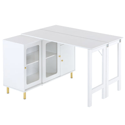 Buffet Extensible Multifonctionnel Blanc avec Plateau Rotatif, Portes Coulissantes en Verre et Pieds Dorés KHUKAET