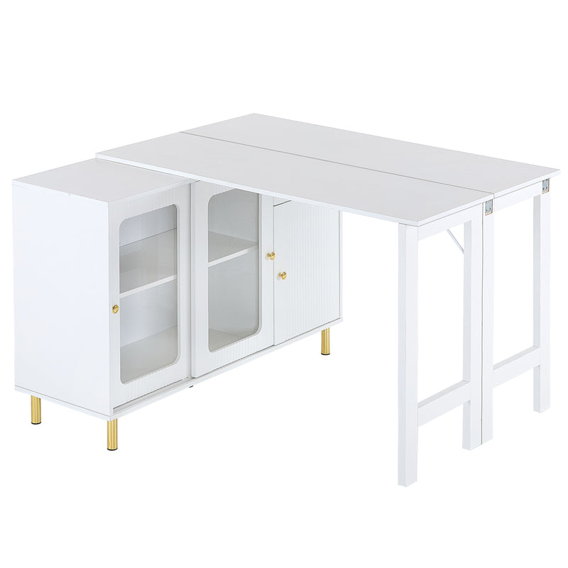 Buffet Extensible Multifonctionnel Blanc avec Plateau Rotatif, Portes Coulissantes en Verre et Pieds Dorés KHUKAET