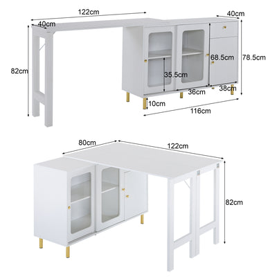 Buffet Extensible Multifonctionnel Blanc avec Plateau Rotatif, Portes Coulissantes en Verre et Pieds Dorés KHUKAET