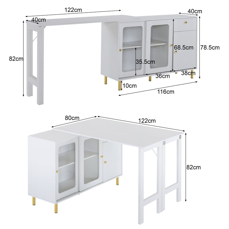 Buffet Extensible Multifonctionnel Blanc avec Plateau Rotatif, Portes Coulissantes en Verre et Pieds Dorés KHUKAET