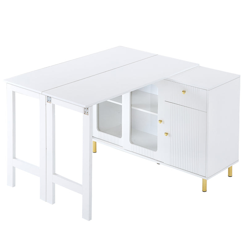 Buffet Extensible Multifonctionnel Blanc avec Plateau Rotatif, Portes Coulissantes en Verre et Pieds Dorés KHUKAET
