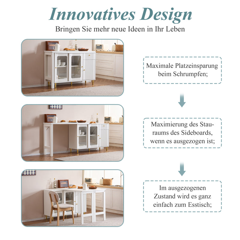 Buffet Extensible Multifonctionnel Blanc avec Plateau Rotatif, Portes Coulissantes en Verre et Pieds Dorés KHUKAET